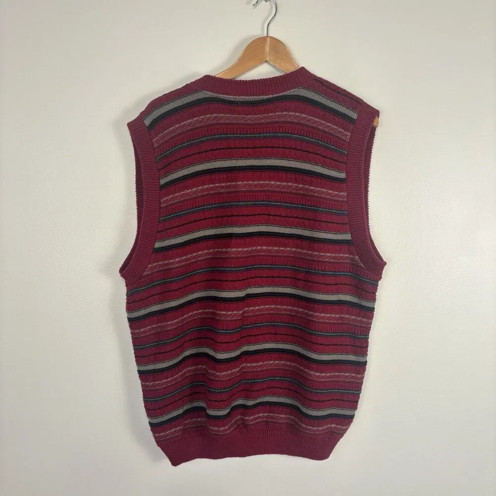 VTG 90s Firethorn Mens L Sweater Vest Red Striped Cotton Made in USA Grandpacore